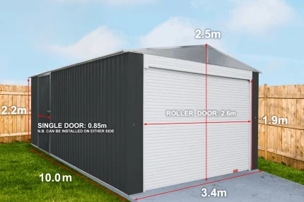 Garage Shed 3.4(W)x10.0(D)x2.5(H)m Single & Roller Door - Image 3