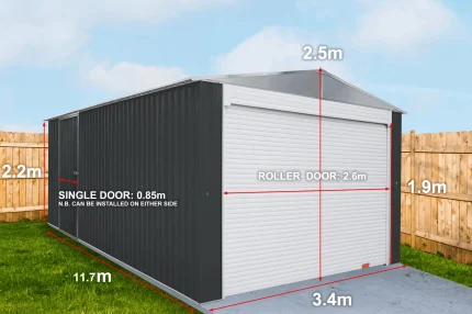 Garage Shed 3.4(W)x12.0(D)x2.5(H)m Single & Roller Door - Image 3