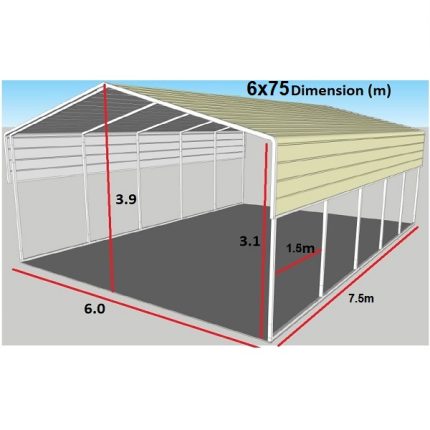 Portable Carport 6.0(W)x7.5(D)x3.9(H)m Wrapped Roof - Image 3